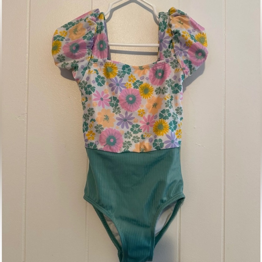 Wonder Nation Floral and Aqua Kids Swim One Piece